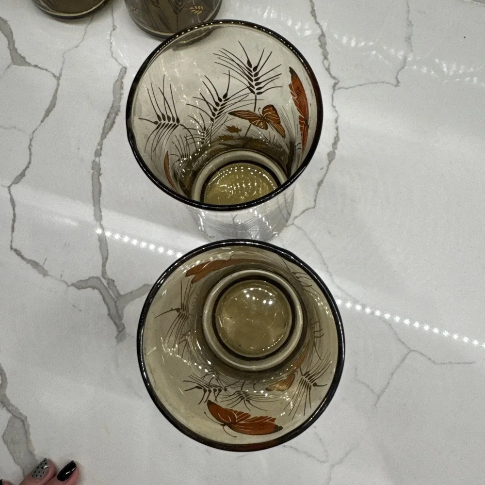 VINTAGE Libbey Amber Monarch Butterfly & Wheat Tumbler Glasses Set of 4